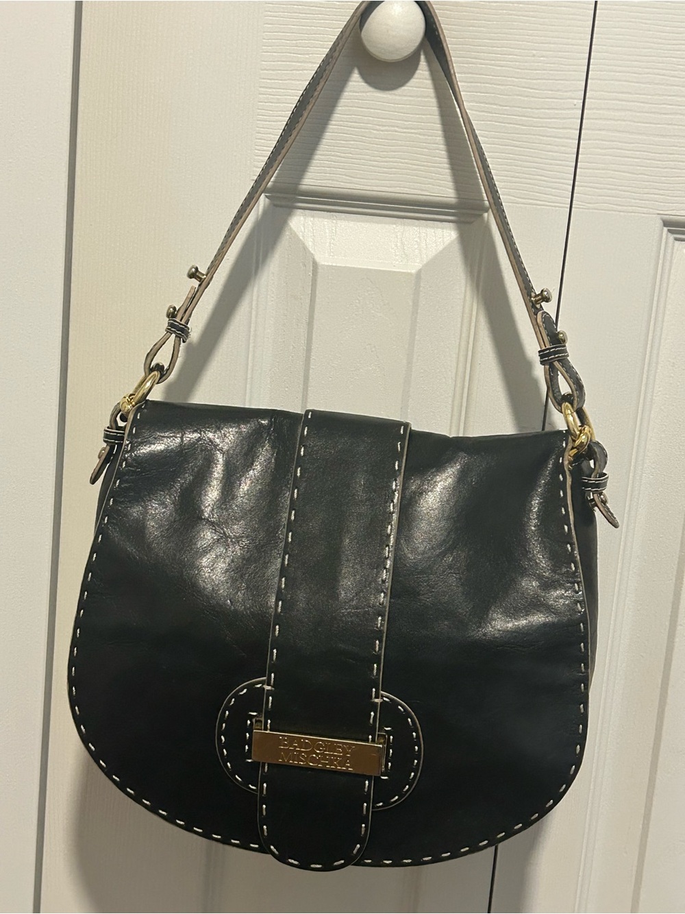 Badgley Mischka Black Leather Saddle Shoulder Bag with Gold Hardware